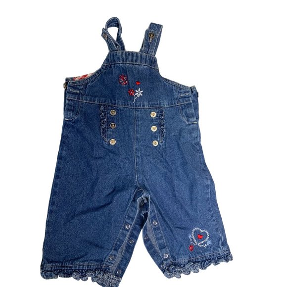 Faded Glory Baby Girls Infant Size 3 6 months Bib Overalls Jean Denim Ruffle Tri - Picture 1 of 8